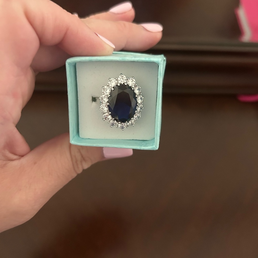Elegant Sapphire sterling silver and CZ Diamond Halo Ring